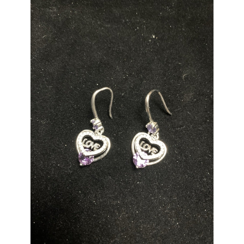 STERLING SILVER 925 HEART SHAPE EARRINGS W/ ROUND Purple Crystal And Word LOVE